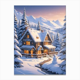 Colorful Cabin In The Snow Canvas Print