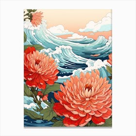 Great Wave With Zinnia Flower Drawing In The Style Of Ukiyo E 2 Canvas Print