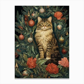 William Morris Style Christmas Cat 8 Canvas Print
