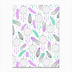 Western Green, Purple, Black, and White Dreamcatchers and Feathers Canvas Print