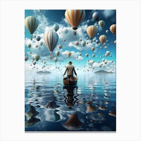 Man In A Boat With Hot Air Balloons Canvas Print
