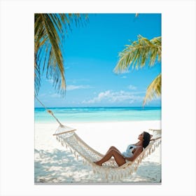 Content Woman Sprawls On A Pristine Tropical Beach Soft White Sands Adorned With Delicate Seashells (1) Canvas Print