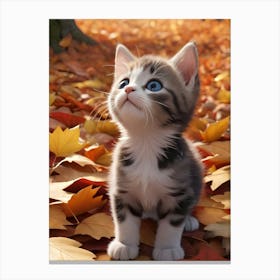 Kitten In Autumn Leaves Canvas Print