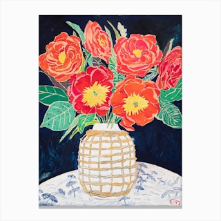 Bright Orange Red Peonies On Toile Canvas Print