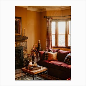 Autumn Themed Cozy Living Room Warm Golden Light Bathing The Room Soft Textures Of Plush Pillows N Canvas Print