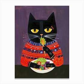 Black Cat Eating Salad Folk Illustration 3 Canvas Print