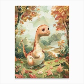 Dinosaur In The Autumn Leaves Storybook Style 2 Canvas Print