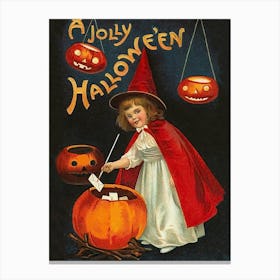 Joyful Halloween, Little Witch With Pumpkin Lanterns Canvas Print