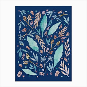 Navy Watercolour Florals And Leaves Canvas Print