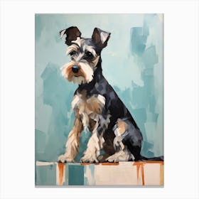 Miniature Schnauzer Dog, Painting In Light Teal And Brown 0 Canvas Print