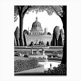 Park Of The Palace Of Versailles, France Linocut Black And White Vintage Canvas Print