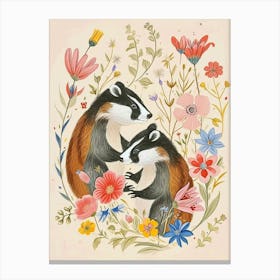 Folksy Floral Animal Drawing Badger 4 Canvas Print