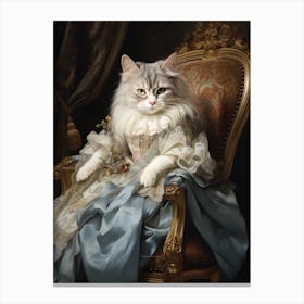 Cat In Blue Silk Dress On Throne Canvas Print