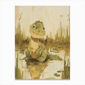 Cute Khaki Green Dinosaur In The Swamp Storybook Illustration Canvas Print