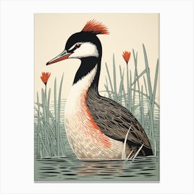 Vintage Bird Linocut Grebe 4 Canvas Print