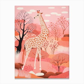 Giraffe In The Nature With Trees Pink 7 Canvas Print