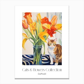 Cats & Flowers Collection Daffodil Flower Vase And A Cat, A Painting In The Style Of Matisse 1 Canvas Print