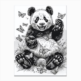 Giant Panda Cub Playing With Butterflies Ink Illustration 4 Canvas Print