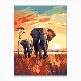 Elephants At Sunset Canvas Print