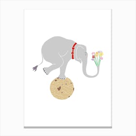 Elephant Balancing On Cookie With Flowers, Fun Circus Animal, Cake, Biscuit, Sweet Treat Print, Portrait Canvas Print