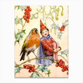 Remastered Image - Christmas Elf and Robin Duet - Woodland Creatures Victorian Christmas Card by Margaret Tarrant - Gallery Winter Decor Holly and Mistletoe Canvas Print