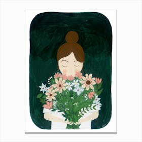Girl Flower Bouquet Painting Canvas Print