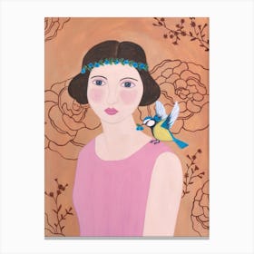 2 Woman In Pink Dress With Bird Canvas Print