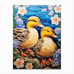 Ducklings With The Flowers Japanese Woodblock Style 3 Canvas Print