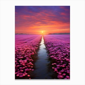 Pink Flower Field At Sunset Canvas Print