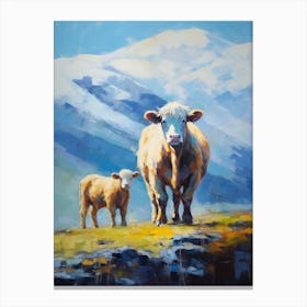 Highland Cow & Calf In The Snowy Mountains Canvas Print