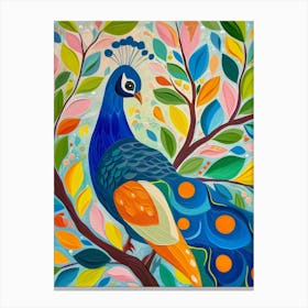 Peacock On The Tree Branches With Leaves Painting 1 Canvas Print
