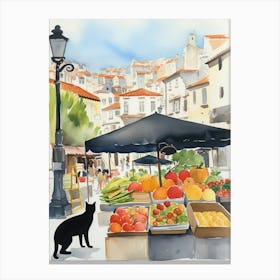 Food Market With Cats In Porto 3 Watercolour Canvas Print