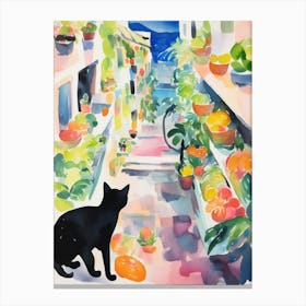 Food Market With Cats In Positano 1 Watercolour Canvas Print