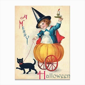 Witch Girl With Black Cat In Chariots Made Of Pumpkin Canvas Print