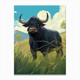 Black Bull In Long Grass Of The Highlands Canvas Print