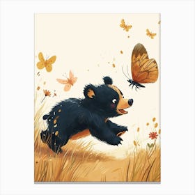 American Black Bear Cub Chasing After A Butterfly Storybook Illustration 1 Canvas Print