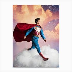 1980s Style Superhero Clad In Vintage Pilot Attire Soaring Above Cloud Banks Cotton White Cumulo (3) Canvas Print