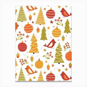 Modern Folk Art Christmas Forest Yellow, Red, Green, White Canvas Print