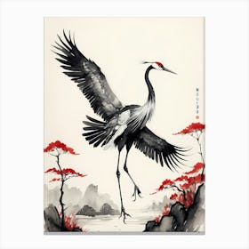 Shuimo Hua,Black And Red Ink, A Crane In Chinese Style (23) Canvas Print