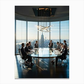 Confident Ceo Standing With Hands Intertwined At The Tables Edge Flanked By Attentive Team Members (1) Canvas Print