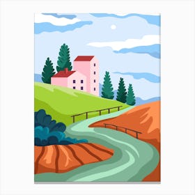 Scenery In Rural Area Village Or Town With River Canvas Print