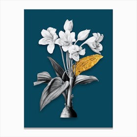 Vintage Crinum Giganteum Black and White Gold Leaf Floral Art on Teal Blue Canvas Print