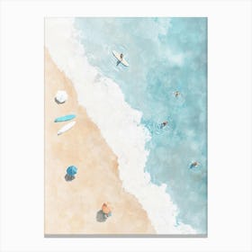 Aerial beach painting of swimmers and surfers in soft beige, blue, white with summer vibes – travel inspired coastal minimalist artwork of the ocean in the style of modern impressionism perfect for beach homes, bathrooms, living rooms, bedrooms, entryways Canvas Print