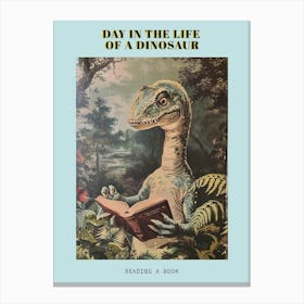 Dinosaur Reading A Book Retro Illustration Poster Canvas Print