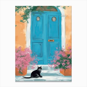 Black Grey Cat Mediterranean Blue Door Canvas Print