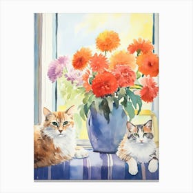 Cat With Zinnia Flowers Watercolor Mothers Day Valentines 4 Canvas Print
