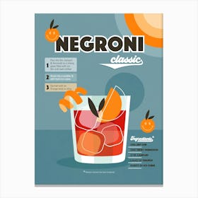 Retro Cocktail Negroni Recipe Blue Canvas Print