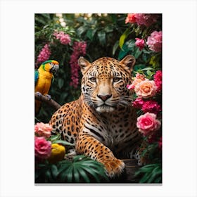 Jaguar And Parrot jungle Canvas Print