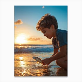 Little Boy Playing With A Fish 1 Canvas Print