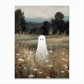 Cute Bedsheet Ghost In Flower Meadow Vintage Style, Halloween Spooky Canvas Print